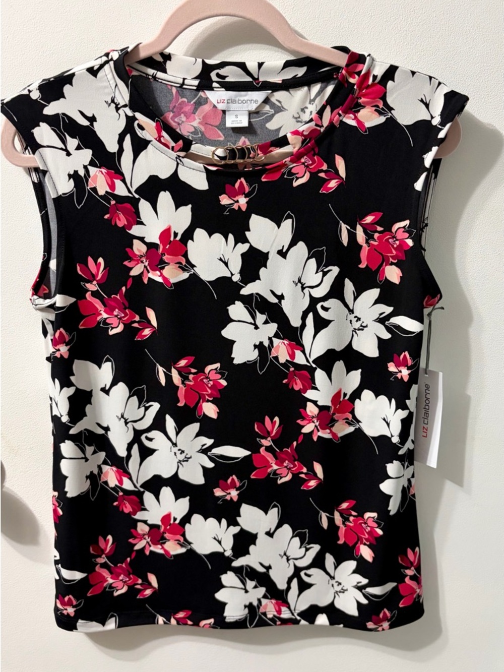 Liz Claiborne Black Floral Tank with White and Pink Flowers